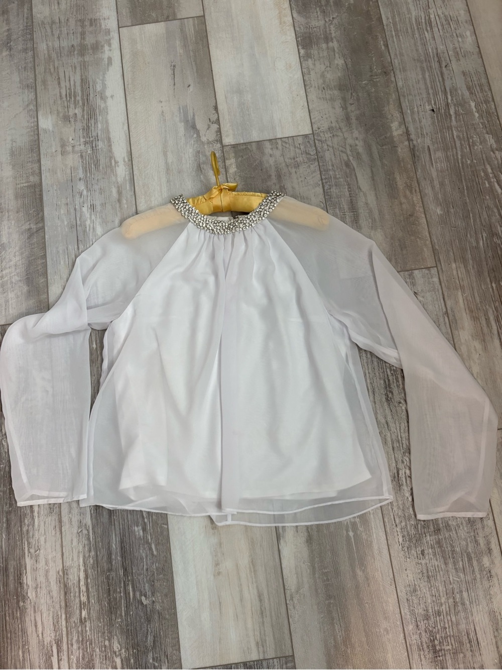 Gail McInnis White Chiffon Overlay Blouse Rhinestone Collar Illusion Top Medium